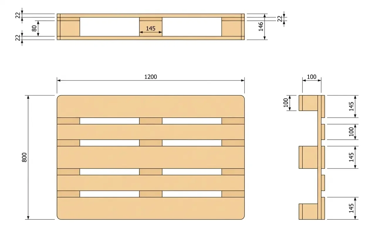 Plano técnico con medidas estándar del europalet EPAL 800×1200mm
