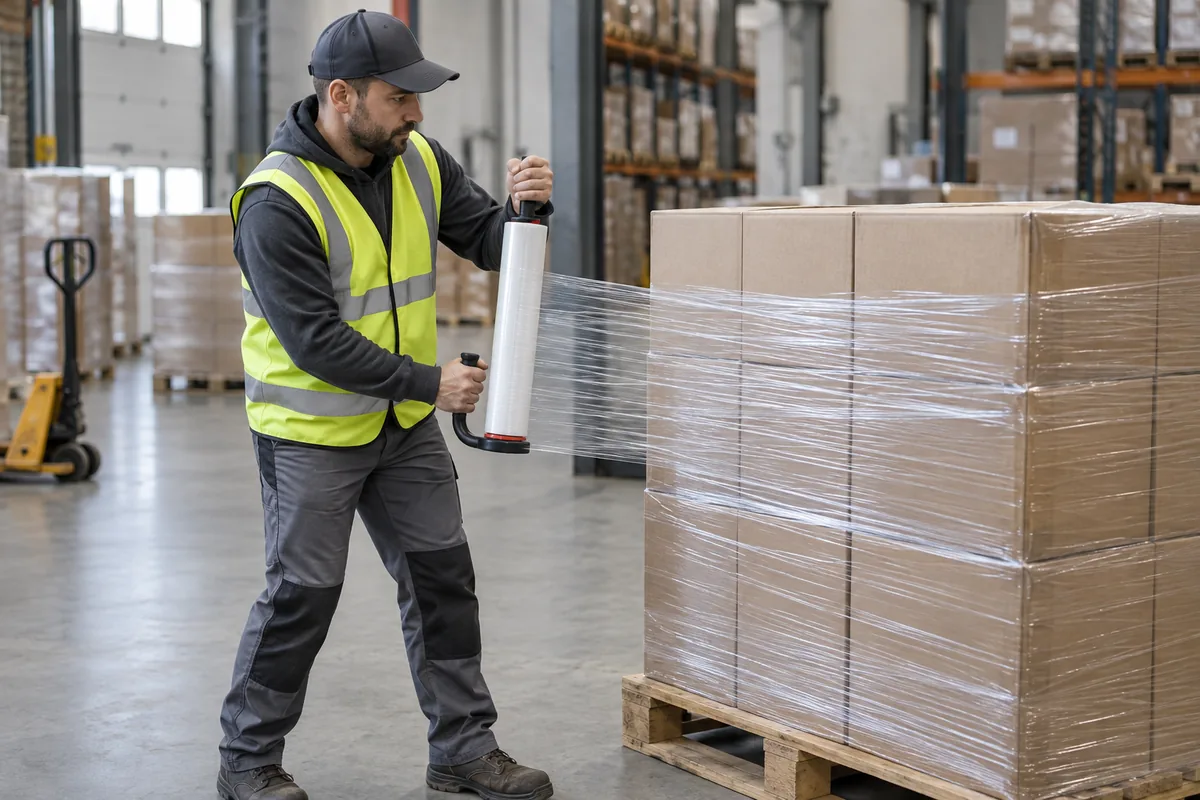Aplicación manual de film estirable con dispensador alrededor de una carga de cajas