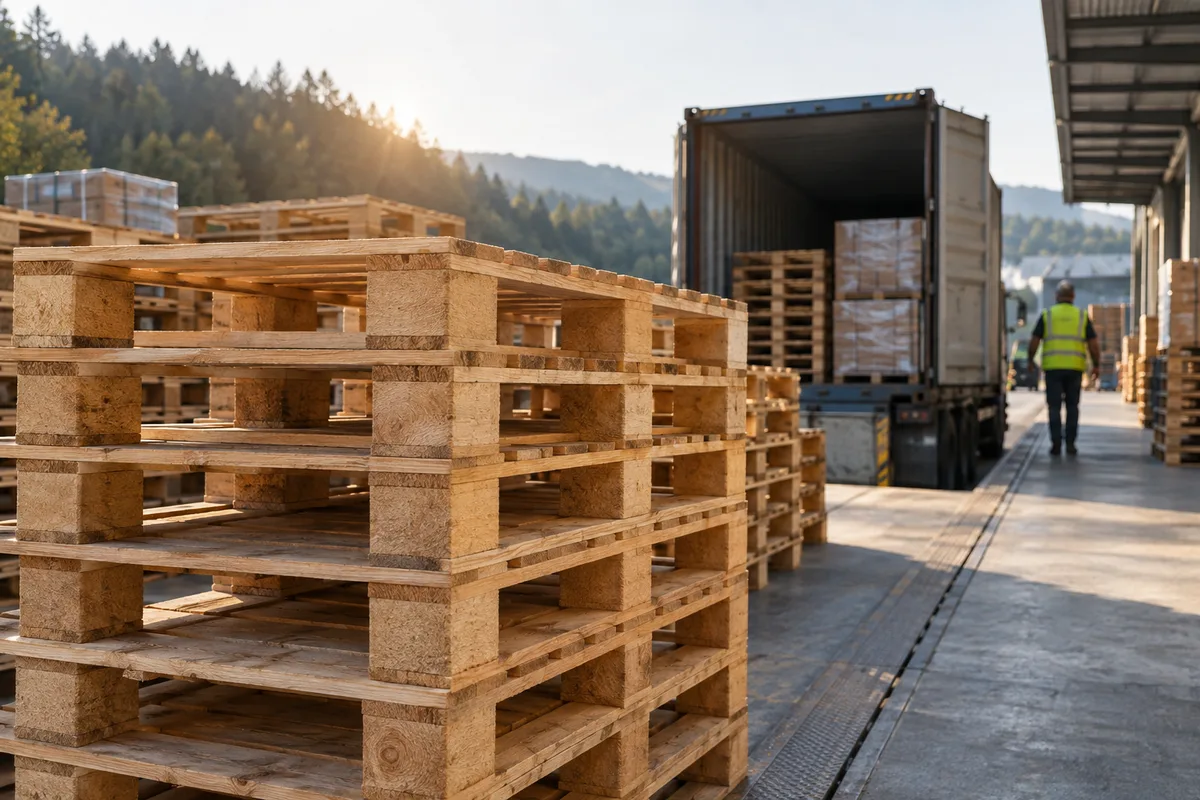 Palets de madera junto a un contenedor de transporte