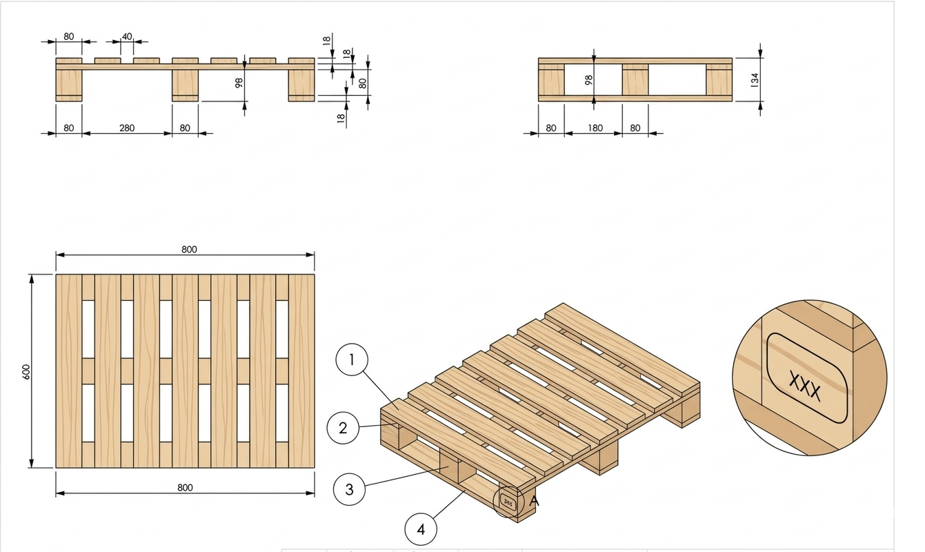 Plano técnico con medidas del palet 600×800mm